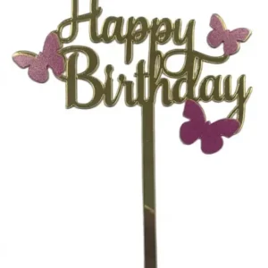 Torta beszúró - Happy Birthday felirat - Arany akril rózsaszín pillangók