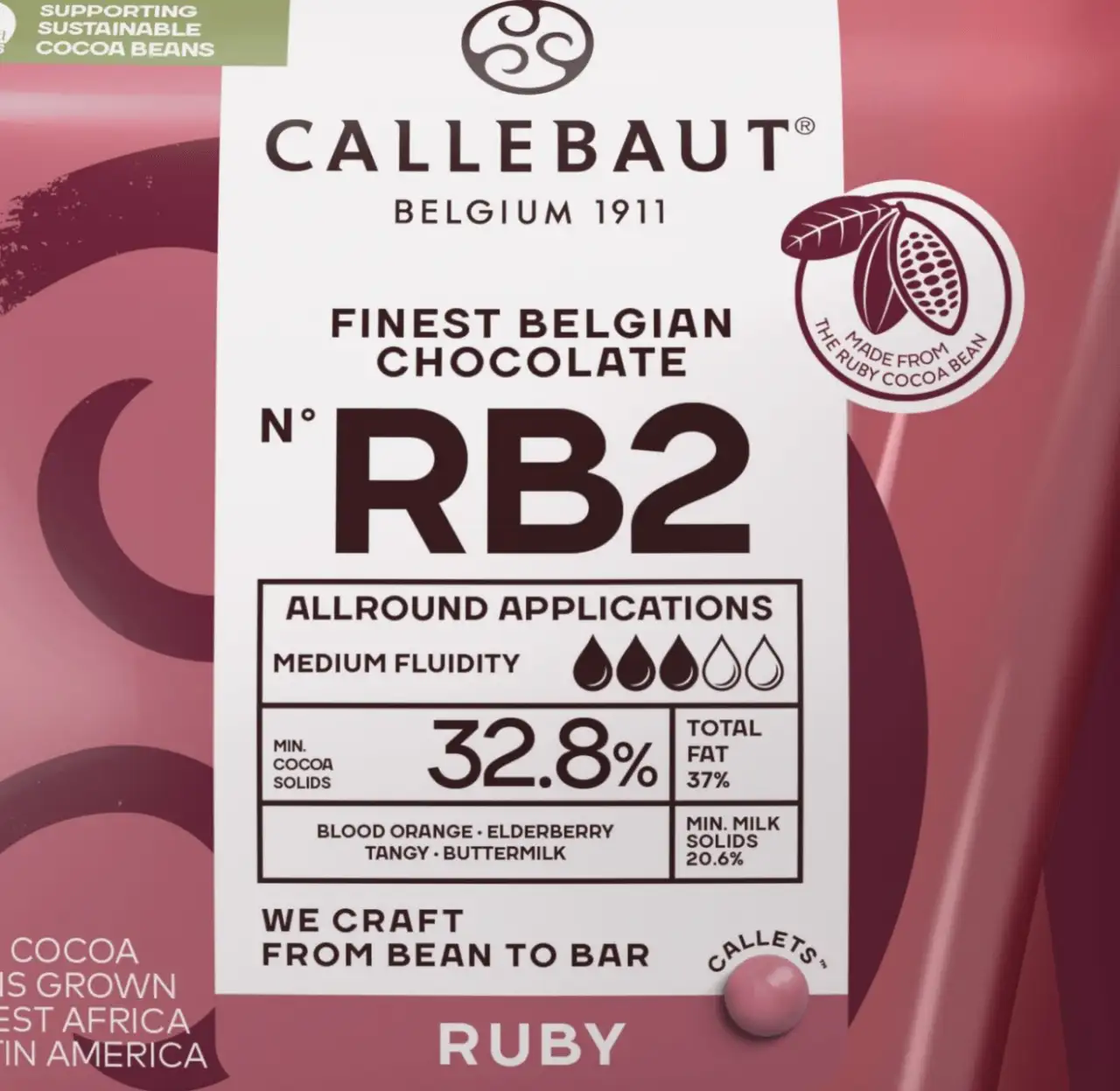 Callebaut belga csokoládé pasztilla – 33,6% RB1 Ruby tejcsokoládé 100g
