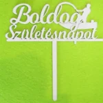 Díszítő beszúró  - Fehér  fa Horgász csónakkal  Boldog születésnapot felirattal 16x18 cm