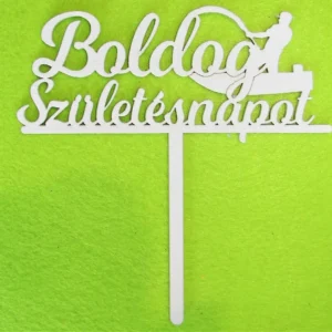 Díszítő beszúró  - Fehér  fa Horgász csónakkal  Boldog születésnapot felirattal 16x18 cm