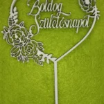 Díszítő beszúró - Fehér  fa  szív rózsákkal -  Boldog születésnapot  felirattal 12x16cm