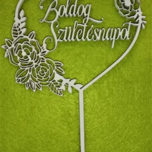 Díszítő beszúró - Fehér  fa  szív rózsákkal -  Boldog születésnapot  felirattal 12x16cm