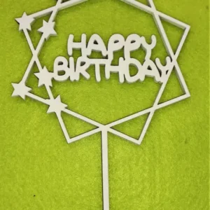 Díszítő beszúró - Natúr fa tortadísz Dupla négyzetben csillagokkal - Happy Birthday felirat 11x17cm