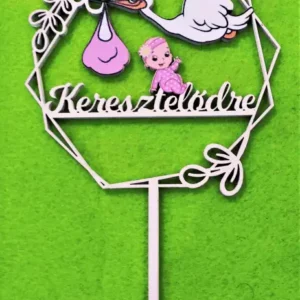 Díszítő beszúró - Nyomtatott fa Beszúrós lányos Tortadísz Keresztelődre felirattal 10cm x 17cm