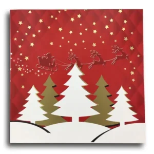 Karácsonyi süteményes doboz - Piros-fehér, karácsonyfák rénszarvas szánnal 22,7 x 22,7 x 6cm