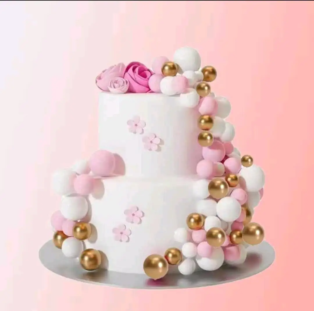 Torta beszúró - Rózsaszín- fehér - arany gömbök 36db