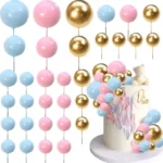 Torta beszúró - Babakék - babarózsaszín - arany  gömbök 36db