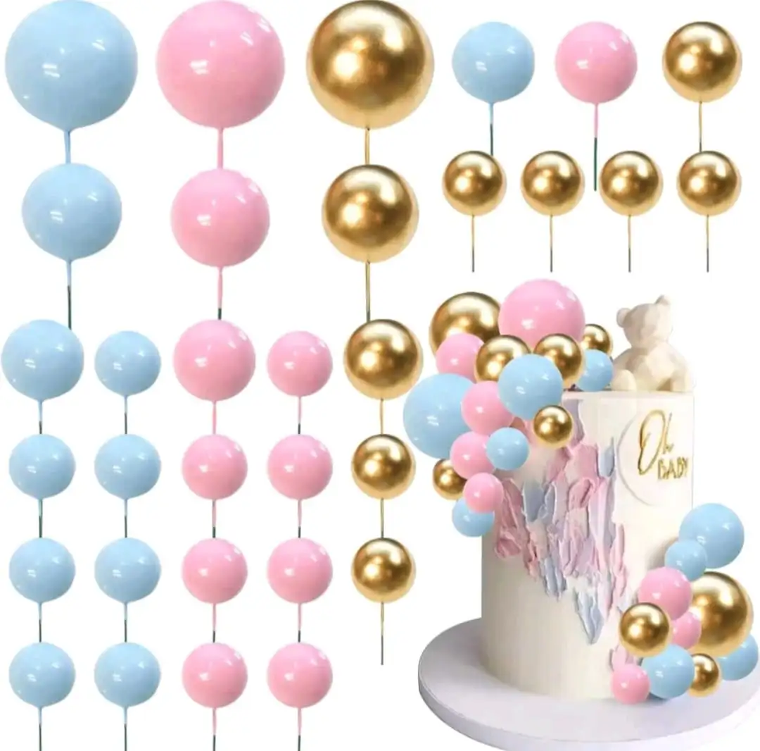 Torta beszúró - Babakék - babarózsaszín - arany gömbök 36db