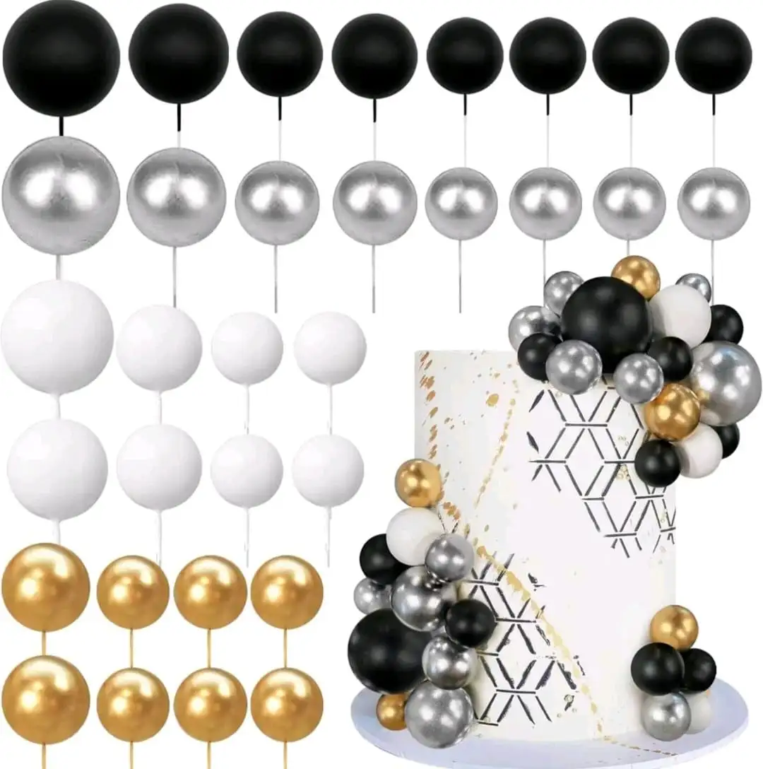 Torta beszúró - Fekete - ezüst - fehér - arany gömbök 36db