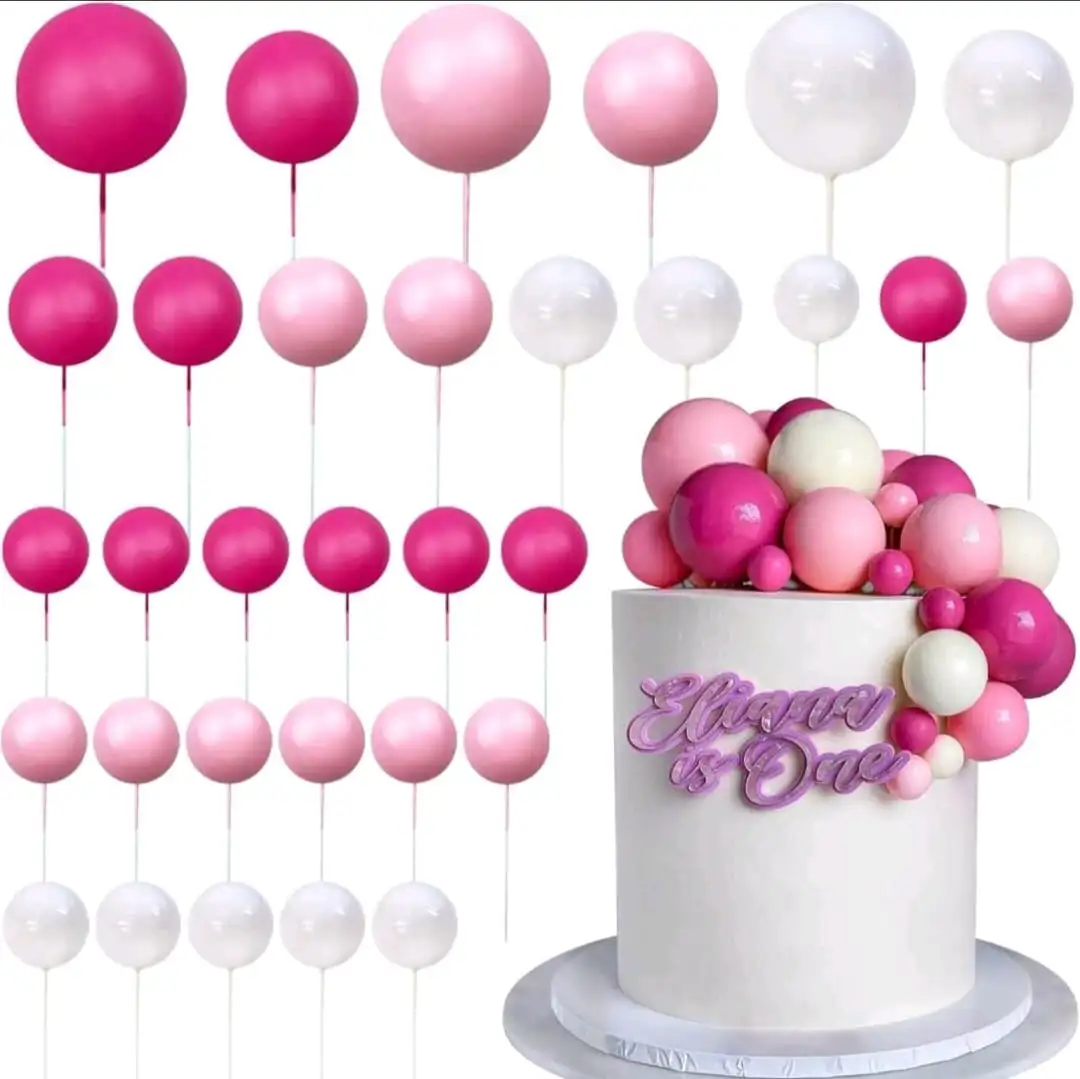 Torta beszúró - Pink - babarózsaszín - fehér gömbök 36db