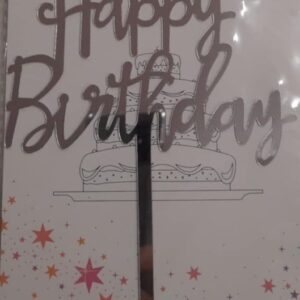 Torta beszúró - Happy Birthday felirat - kötött kis betűvel - akril Ezüst